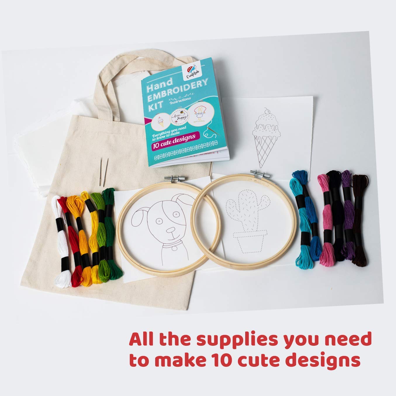 CraftLab Embroidery Kit for Beginners, Kids Craft Starter Kit Gift for Ages 7 to 13, Includes 10 Projects, Embroidery Hoops, Fabric, Patterns, Floss, Needles, Needlepoint Cross Stitching Supplies