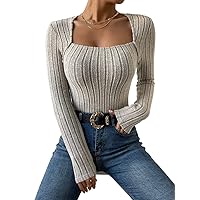 Women's T-Shirt Square Neck Ribbed Knit Tee T-Shirt for Women T-Shirt (Color : Apricot, Size : Large)