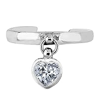 Jewelry Affairs Sterling Silver Dangling Heart Shape CZ Cuff Style Adjustable Toe Ring