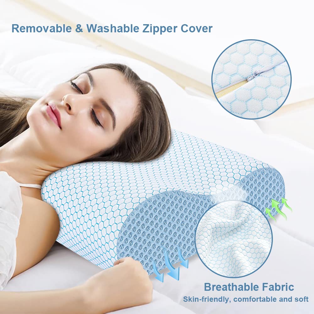 Anvo Memory Foam Pillow, Neck Contour Cervical Orthopedic Pillow for Sleeping Side Back Stomach Sleeper, Ergonomic Bed Pillow for Neck Pain - Blue White, Firm