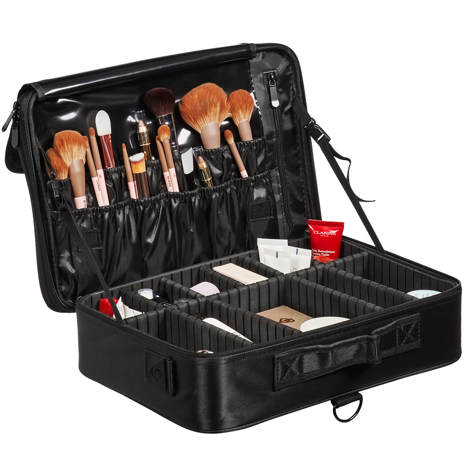 VEVOR Makeup Train Case Large Storage 3 Tiers, Convenient Carry With Handle, Strap, Professional Waterproof Oxford Makeup Storage Organizer Box, Heavy Duty Make Up Carrier, Black