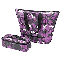 トートバッグとスモールランチバッグのセット、花柄紫,女性用ショルダーバッグ ランチボックスとハンドバッグ