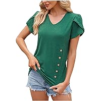 Womens Tunic Tops V Neck Petal Sleeve Button Decoration Summer Casual Shirts Ladies Dressy Blouse Loose Tee Shirt