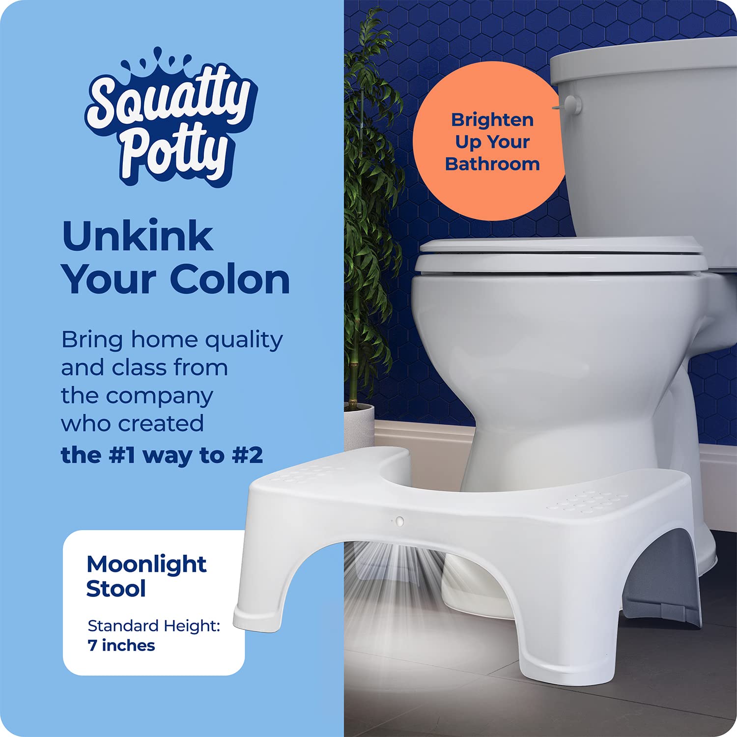 Squatty Potty Moonlight Toilet Stool with Motion & Light Activated Night Light, White 7 Inch