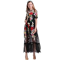 2017 Summer Vintage Cute Embroidery Mesh Appliques Floral Collect Waist Large Swing Black Women Long Dress
