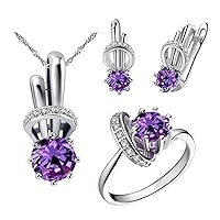 Cute Rabbit Shape Pendant Necklace Round AAA Cubic Zirconia Clip On Earrings and Animal Ring Crystal Wedding Engagement Jewelry Set for Women Girls Gift T225