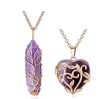 MAIBAOTA Tree of Life Wire Wrapped Amethyst Healing Crystal Point Necklace And Flower Leaf Wrapped Amethyst Heart Pendant Necklaces
