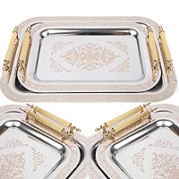 Set of 2 Modern Elegant Large Serving Tray, Rectangle DecorativeTray - 14.5'' x 9.8'' | Multi-Purpose, Non-Tarnishing, Alloy, Ottoman Style - Rectangular Serving Tray for Coffee & Beverages (Gold)