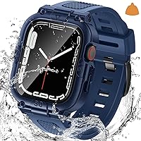 3 in 1 Waterproof Case and Band with Tempered Glass Screen Protector for Apple Watch Series 9 8 7 6 5 4 SE Ultra 44mm 40mm 45mm 41mm 49mm, Hard PC Front&Back Bumper Cover for iWatch Accessories