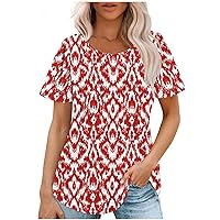 Women's Casual Tops Round Neck Basic Pleated Top Short Sleeve T-Shirt Dressy Blouses Loose Tunic Work Shirts