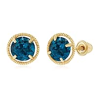 Solid 14K Gold 7mm Round Natural Birthstone Screwback Stud Earrings For Women | 5mm Round Birthstone | Martini Rope Screwback Earrings For Women and Girls