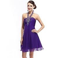 Purple Chiffon Empire Waist Halter Beaded Embellished Homecoming Dress