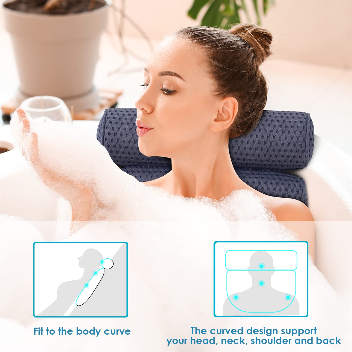 Bath Pillow for Tub Ergonomic Non-Slip Bathtub Pillow with Upgraded 4D Air Mesh Technology and 6 Non-Slip Strong Suction Cup, Relaxing Spa Bath Pillow Headrest Blue