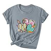 Women Happy Easter T Shirt Bunny Rabbit Graphic T-Shirt Funny Cute Heart Printed Shirts Short Sleeve Dressy Blouses