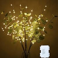 31 INCH 100 Led Lighted Eucalyptus Stem Branches Lights with Timer, Battery Operated, Decorative Prelit Branch Fairy Vase Night Lights, Artificial Eucalyptus Plants for Home Living Room Party Wedding
