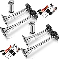 2 Pack 12V 150 dB Loud Air Horn Kit for Truck Boats Car with Air Compressor and Wire Harness Electric Train Horn Chrome Zinc Dual Trumpet Air Horns for Any 12V Vehicles (Silver)
