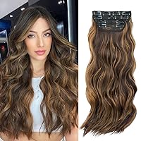 Clip In Hair Extensions Synthetic Hair Topper Long Wavy 4PCS Thick Hairpieces Fiber Double Weft Hair Pieces for Women (20inch, Dark Brown Mixed Chestnut)