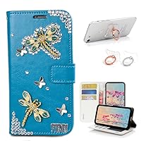 STENES Bling Wallet Phone Case Compatible with Google Pixel 7 Pro Case - Stylish - 3D Handmade Dragonfly Butterfly Design Leather Cover with Ring Stand Holder [2 Pack] - Blue