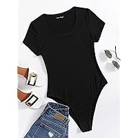 Women's Jumpsuit Scoop Neck Rib-Knit Bodysuit Jumpsuit Decorall (Color : Black, Size : X-Small)