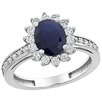 PIERA 10K White Gold Diamond Flower Halo Natural Quality Blue Sapphire Engagement Ring Oval 8x6mm,size5-10