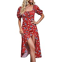 Ruched Dresses for Women, Women's Casual Sexy Bubble Short Sleeved Smocked Hem Split Dress Business 2024, S XL