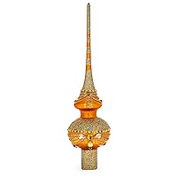 Dimensional White and Golden Jewels on Sparkling Orange Artisan Hand Crafted Mouth Blown Glass Christmas Tree Topper 11 Inches