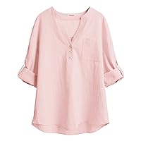 HOTOUCH Womens Casual Button Down Shirts V Neck Cotton Long Sleeve Collared Office Work Blouses Tops with Pocket Pink