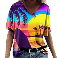 Summer Tops for Women 2024 Short Sleeve Tropical Print V Neck Hawaiian Shirt Holiday Novelty Partys Oversized Tshirts