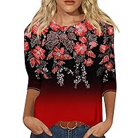 Tshirts Shirts for Women Graphic Plus Size Fashion for Women 2024 Trendy Western Tops Women's Petite Tops 3/4 Sleeve Round Neck Shirts Print Graphic Tees Blouses Tops Red Large