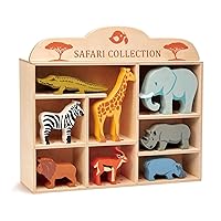 Tender Leaf Toys Safari Animals – 8 Wooden Zoo Figurines with a Display Shelf -Classic Toy for Pretend Play – Develops Social, Creative & Imaginative Skills – Learning Role Play – Ages 3+ Years