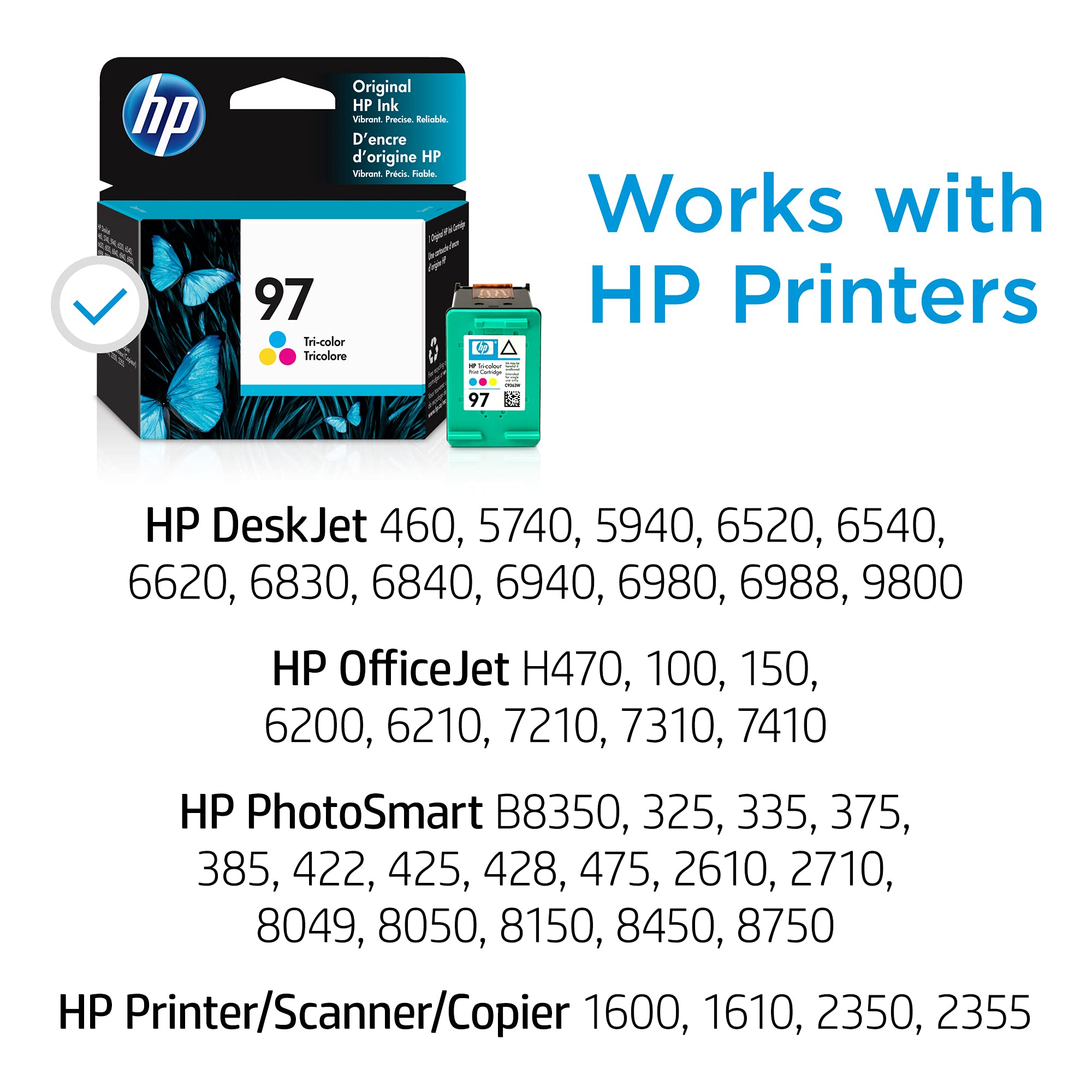 HP 97 Tri-color Ink Cartridge | Works with HP DeskJet 460, 5000, 6000, 9800; OfficeJet H470, 100, 6200, 7000; PhotoSmart B8350, 300, 400, 2000, 8000; PSC 1600, 2350 Series | C9363WN