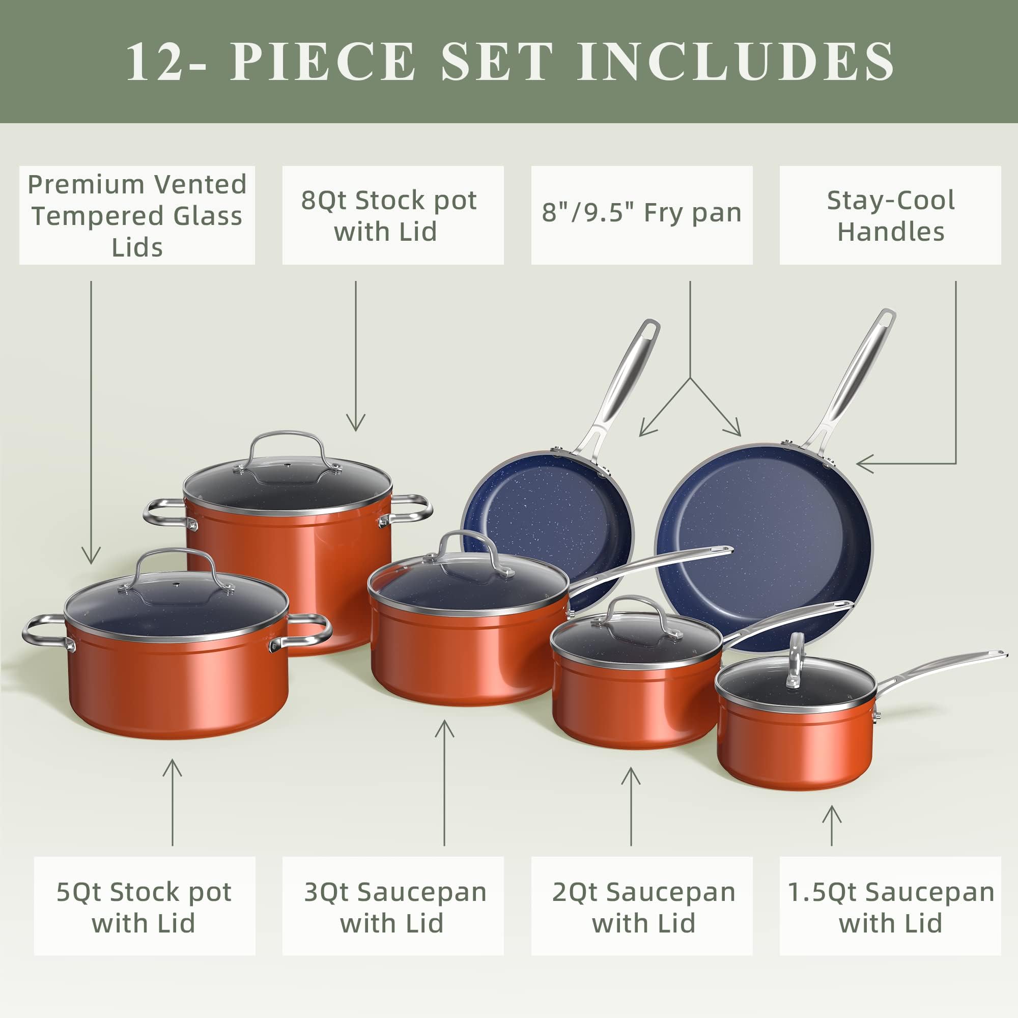 Nuwave Healthy Duralon Blue Ceramic Nonstick Coated Cookware Set, Diamond Infused Scratch-Resistant, PTFE & PFOA Free, Oven Safe, Induction Ready & Evenly Heats, Tempered Glass Lids & Stay-Cool Handle