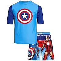 Marvel Avengers Boys’ Rash Guard Set – Spider-Man and Captain America – Kids’ UPF 50+ Swim Shirt and Trunks for Boys (3T-12)