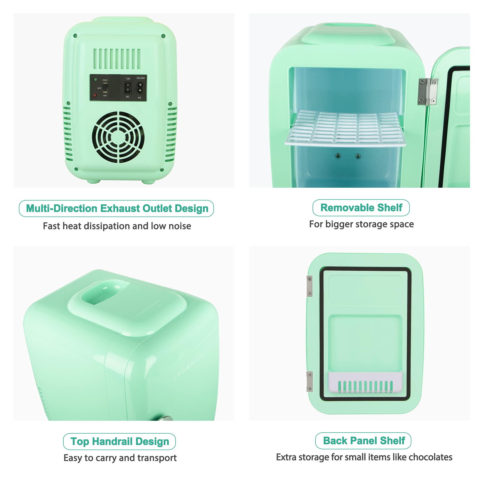 CROWNFUL Mini Fridge, 4 Liter/6 Can Portable Cooler and Warmer Personal Refrigerator for Skin Care, Cosmetics, Beverage, Food,Great for Bedroom, Office, Car, Dorm, ETL Listed (Green)