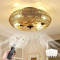Dimmable Ceiling Fans with Lights and Remote, Rattan Ceiling Fan with 5 Bulbs, Enclosed Low Profile Flush Mount Ceiling Fan w/Reversible Blades/Memory Function/6 Speeds/Timing for Bedroom Living Room