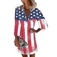 4th of July Outfits for Women Dress Patriotic Dress for Women Sexy Casual Vintage Print with 3/4 Length Sleeve Deep V Neck Independence Day Dresses Deep Red X-Large