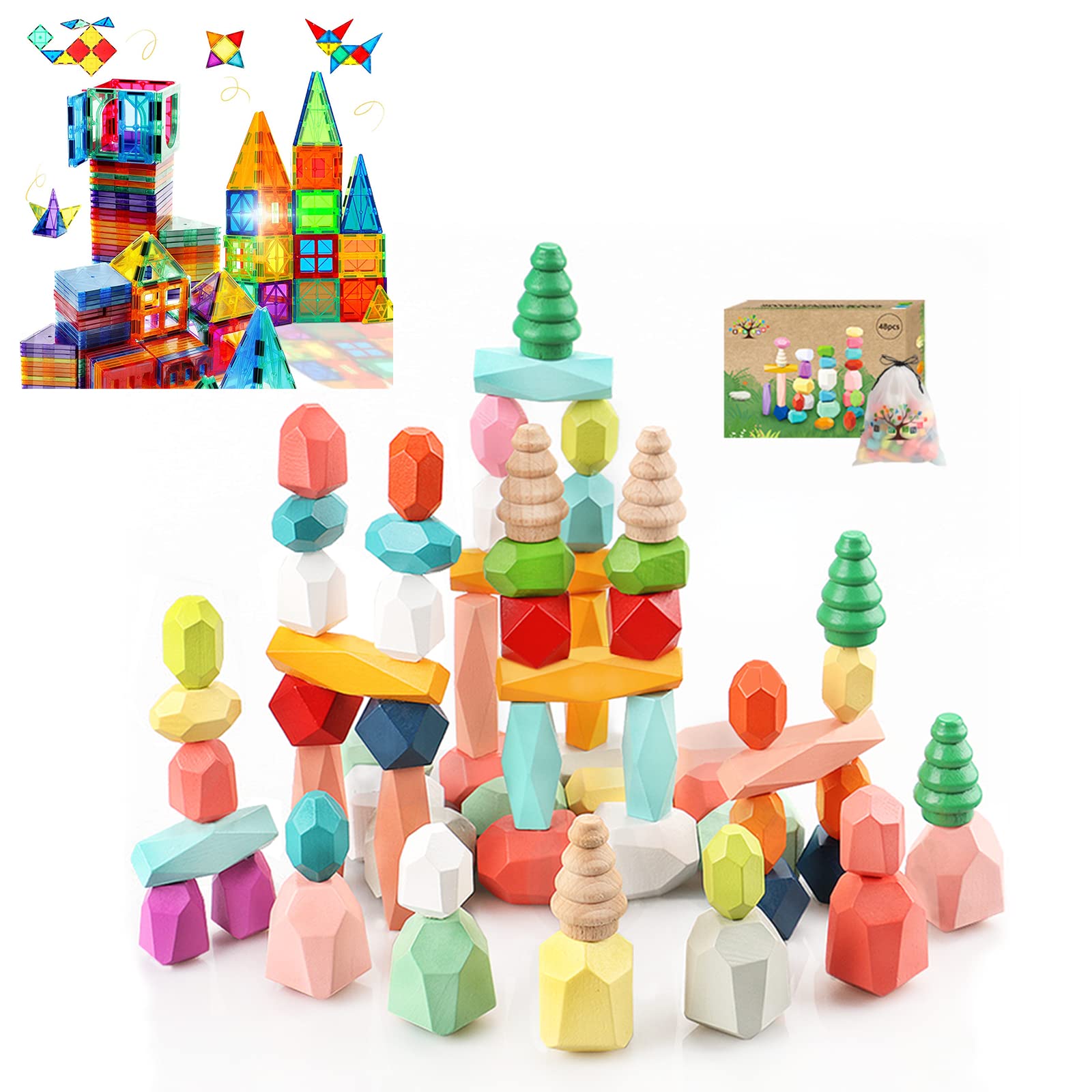 48PCS Wooden Stacking Rocks Building Blocks Montessori Toys for 1 2 3 4 5 6 Year Old Girls and Magnetic Tiles Building Blocks STEM Magnet Blocks Toys for 3+ Year Old Boys and Girls
