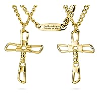 Shields of Strength Men's 14K Gold Plated or Stainless Steel Fishers Of Men Cross Pendant Necklace Matthew 4:19 Bible Verse Christian Faith Gifts