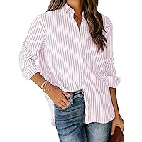 siliteelon Womens Button Down Shirts Cotton Striped Dress Shirt Long Sleeve Collared Office Work Blouses Tops