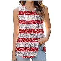 Women Pleated Front Crewneck Tank Tops July 4th Patriotic Sleeveless T-Shirts Tie Dye Stars Stripes Summer Shirts