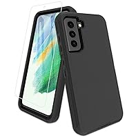 for Samsung Galaxy S21-FE 5G Phone Case, with Screen Protector, Dust-Proof Port Cover, Full-Body Non-Slip Silicone Rubber Covered, Military Grade Drop-Proof Shockproof, Black/Black