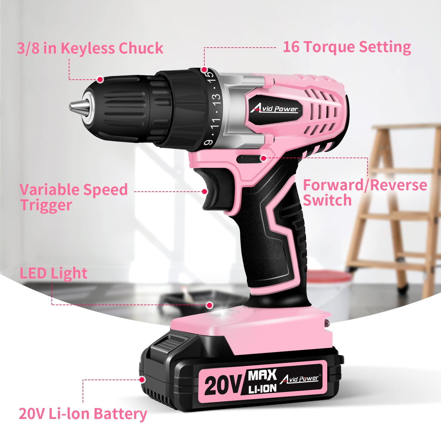 AVID POWER 20V MAX Lithium lon Cordless Drill Set, Power Drill Kit with Battery and Charger, 3/8-Inch Keyless Chuck, Variable Speed, 16 Position and 22pcs Drill Bits (Pink)