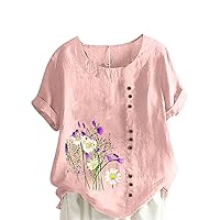 Casual Cotton and Linen Short Sleeve Summer Tops for Women Loose Tunic T Shirt Plus Size Floral Print Button Blouse