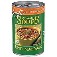 Amy’s Soup, Vegan Light in Sodium Lentil Vegetable Soup, Gluten Free, Made With Organic Vegetables, Canned Soup, 14.5 Oz