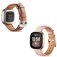 Maledan 2-Pack Grain Leather Bands Compatible with Fitbit Versa 3 and Fitbit Sense Smartwatch