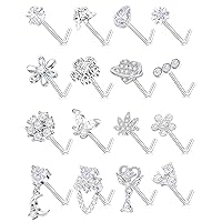 Tornito 16Pcs Nose Rings L Shaped Nose Stud Stainless Steel Butterfly Flower Leaf Heart Moon Dangle Nose Stud Ring Body Piercing Jewelry for Women Men 20G Pink Blue Clear CZ