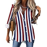 Red, White, and Blue Stripes Women's Shirt Long Sleeve Casual Work Blouses Button Down Shirts Tops