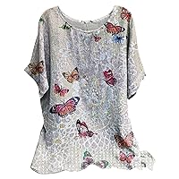 Women Summer Cotton Linen Tshirt Tops Casual Loose Fit Tie Dye Tunic Tees Short Sleeve Crew Neck Oversized Blouses