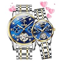 OLEVS Valentines Couple Pair Automatic Watches His and Her Couple Set Diamond Blue Wrist Watch Men Women Lovers Wedding Romantic Gifts Set of 2