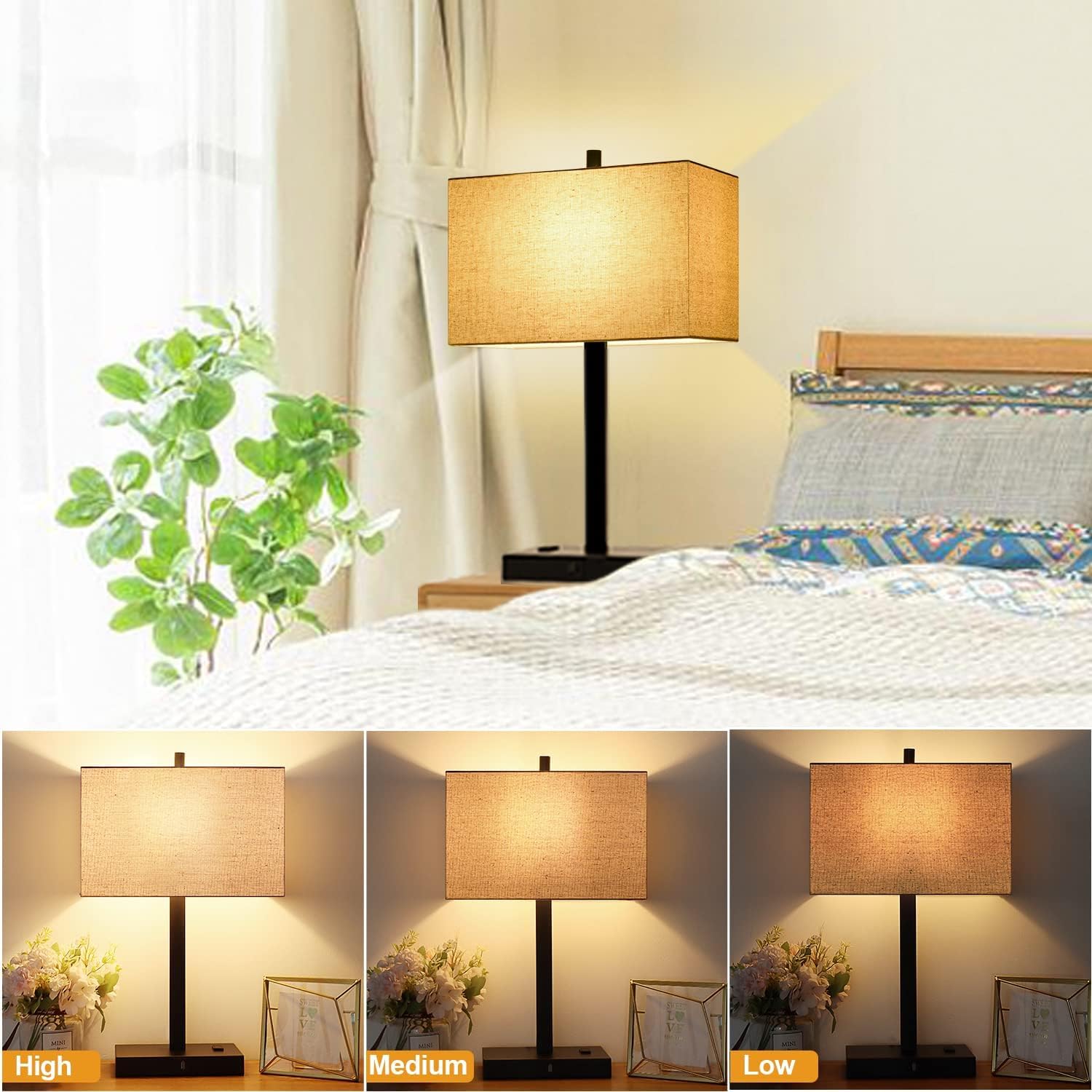 【Upgraded】Set of 2 Bedside Touch Control Table Lamp with USB A+C Charging Ports & AC Outlet, 3-Way Dimmable Nightstand Lamp with Fabric Shade for Bedroom Living Room, 2700K LED Bulbs Included